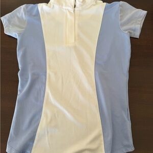 Equinavia Light Blue and White Short Sleeve kids horseback show shirt. Size M